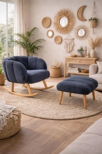 LOTUS Sallanan Ahşap Ayaklı Wellsoft Antrasit Berjer Koltuk - BENCH PUF HEDİYELİ